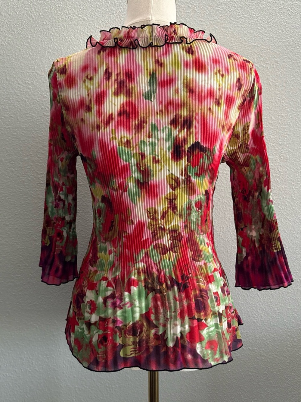 Y2K Nicola Petite Floral Pleated Ruffle Tie Front Mesh black front lining Top - Picture 2 of 7